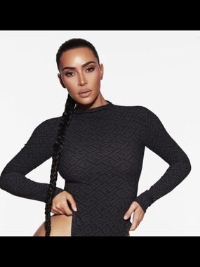 Fendi x Skims| Black Logo-Jacquard Long Sleeve Bodysuit